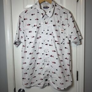 Salt Life Mens Fishing Shirt L Red White Blue Flag Shark Fish Print Short Sleeve